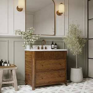 Custom Solid Wood with Oak Veneered <strong>Bathroom</strong> <strong>Vanity</strong> Striped Fluted Design with Quartz Countertop Single Sink Modern Cabinet - Product Image 2