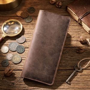 Vintage Cowhide Men's Long Clutch <b>Wallet</b> Genuine Leather Crazy Horse Finish Zipper Closure Business <b>Cards</b> Cash <b>Holder</b> - Product Image 2
