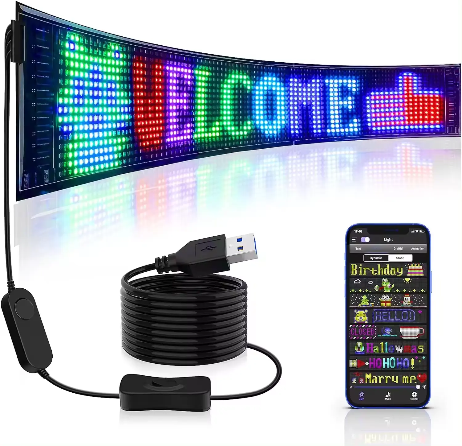 شاشة عرض مرنة LED صينية مخصصة لوح إشارات RGB قابلة للبرمجة بمنفذ USB بكسل ناعم للإعلانات المتحركة