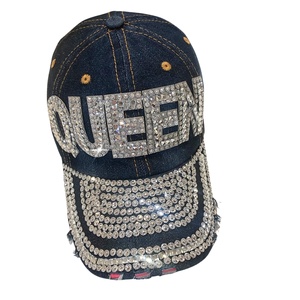 Casquette de baseball sportive 5 panneaux personnalisée pour femme, en jean vieilli orné de strass, cadeaux incrustés de pierres, logo personnalisé OEM/ODM - Product Image 1