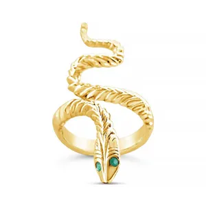 Gemnel de moda hip pop oro latón anillos de serpiente con los ojos verdes.