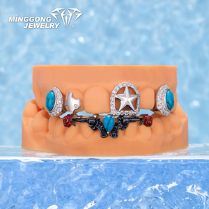 Grillz personnalisé haut et bas 6 8 en argent, turquoise, or rose, Moissanite VVS, plaqué or 14K, style Hiphop, serti, bijoux fins unisexe - Product Image 1
