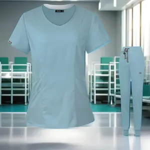 ユニセックスカスタム手描きプリントスクラブ弾性新しいスタイルデザイン病院看護師のための白いスタッフのユニフォーム
