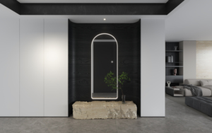 Pill Shape Countertop Illuminated Mirror with Modern Stainless Steel <b>frame</b> - Product Image 4