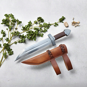 Couteau à lame fixe en acier Damas, pointe tombante, bord droit, manche en bois, style Bowie pour le camping en extérieur, avec étui - Product Image 3