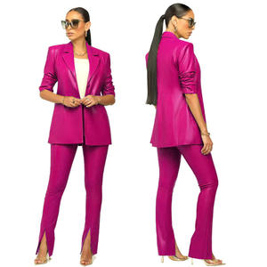 Ensemble 2 pièces de bureau en cuir PU pour femmes, Blazer à col cranté, taille haute, pantalon assorti, tenue de travail d'automne, survêtements Slim, 10% - Product Image 5