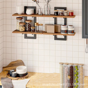 Étagère murale rectangulaire en fer et bois à 2 niveaux, rangement durable pour salle de bain - Product Image 2