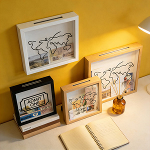 Caja de Ahorros de Madera Moderna Premium con Diseño de Mapa del Mundo y Flores - Estuche de Exhibición para Fondos de Aventura - Tarro de Ahorro de Gran Capacidad - Product Image 2