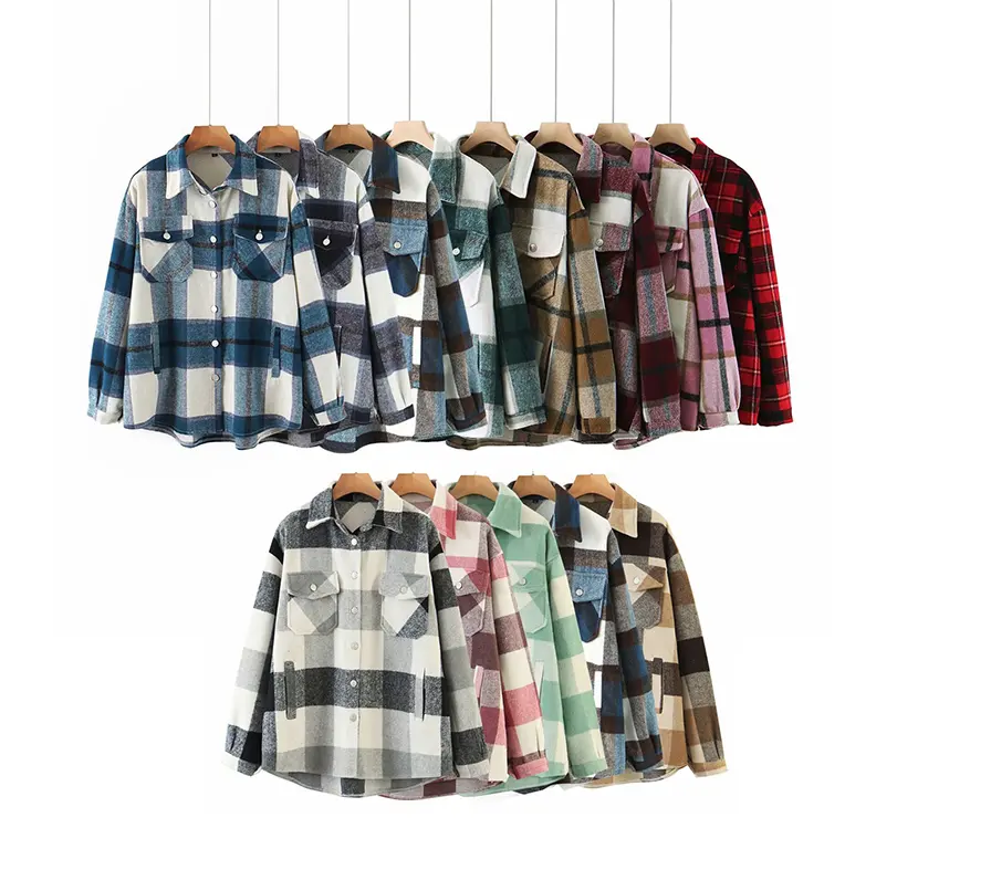 18 colors thick flannel plaid women button up with pockets blouse shirts trench women jackets and coats for winter and antumn