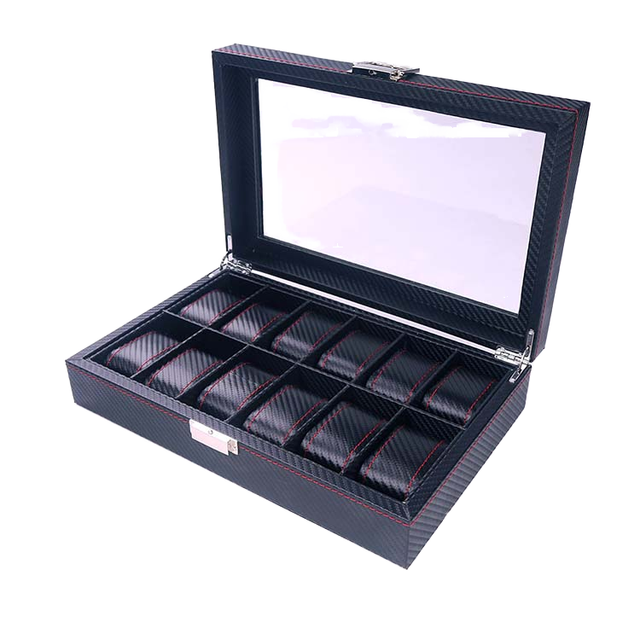High Grade BETTER 12 Slot Clear Window Black Leatherette Watch Organizer Case for Men Outside