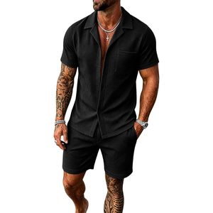 FOXA Mens 2 Piece Summer Outfit <b>Short</b> Sleeve Shirt And <b>Shorts</b> Set Breathable Woven <b>Polyester</b> - Product Image 1