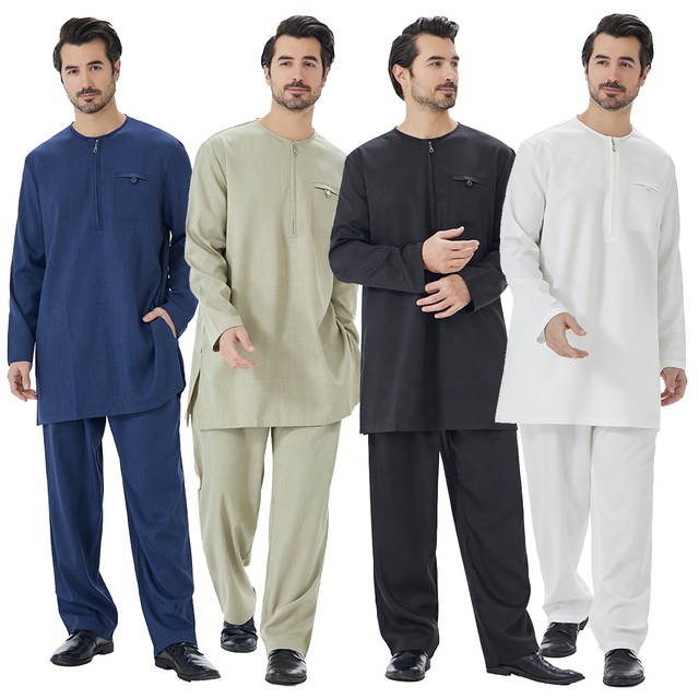 2026 Modest Islamic Clothing Arab Jubah Pants Set With Top Front Zipper Pockets Solid Color Two Pieces Clothes Sets for Men M147