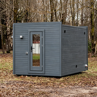 Sauna extérieur panoramique haut de gamme, sauna de jardin isolé avec vue à 360°, verre trempé, design moderne