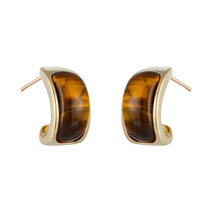 Tiger Eye Stud Earrings 14k Gold Bezel Setting Geometric Fashion Jewelry - Product Image 5