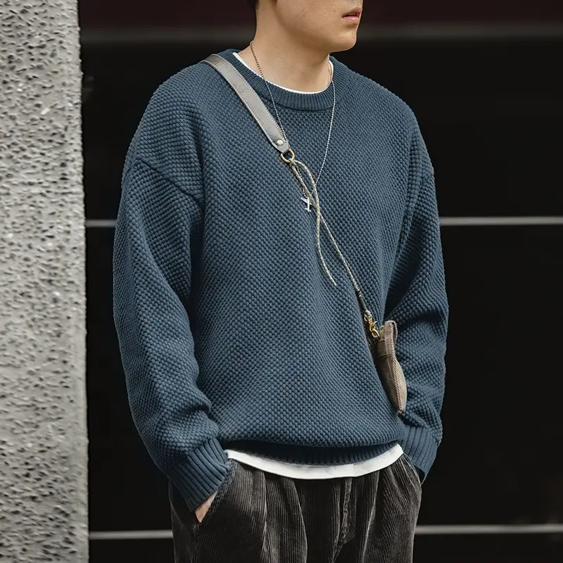 남성용 마덴 스웨터 레트로 무거운 파인애플 패턴 스웨터 두꺼운 라운드 넥 내부 게으른 니트웨어 남성 의류 까마귀 봄