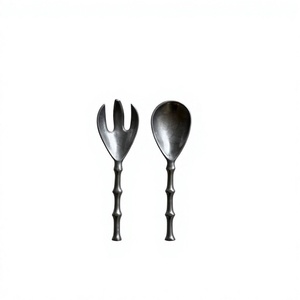 Metal Salad Servers <b>Set</b> With Bamboo Style Handle Fork And Spoon Utensils For Serving Salads Table Accessories Food Grade - Product Image 1