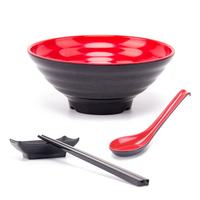 Vente chaude Chinois Ramen Bol Ensemble Rouge et Noir Mélamine Bol Sauce De Soja Plat Baguettes Et Cuillère Ensemble