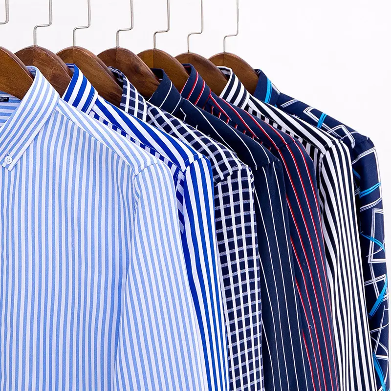 Toptan yeni tasarım çizgili/ekose erkek gömleği düz özel uzun kollu % 100% Polyester erkek gömlek