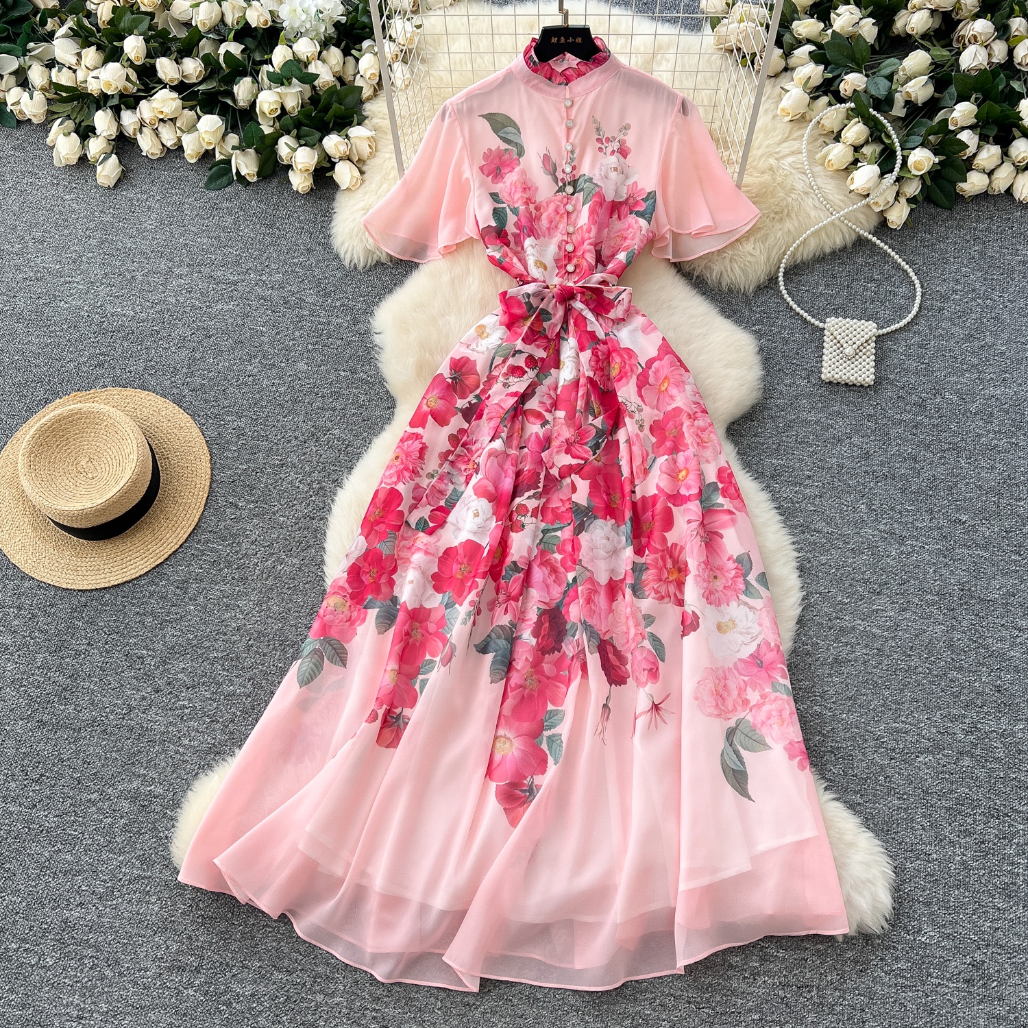 chiffon dress design 2025 2025 New High-End Chiffon Dress for Women with Ruffle Pleat Design, Slimming Mid-Length Dress Formal Womenswear Chic Workwear