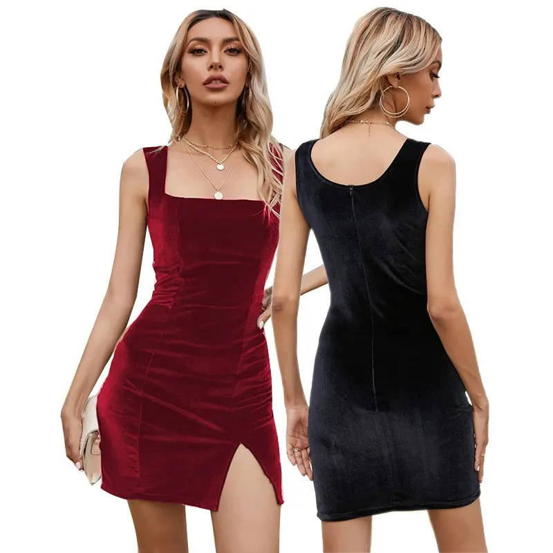 MOTE-ZC63 летние модные платья для женщин, мягкий пенис сплошной цвет короткое черное платье с квадратным вырезом; Сплит-платье с открытой спиной пикантные Вечерние