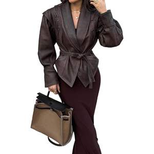 Chaqueta de Cuero Personalizada para Mujer 2026, Estilo Envolvente con Cinturón, Manga Larga, Piel de Vaca Marrón, Atuendo Otoñal - Product Image 2