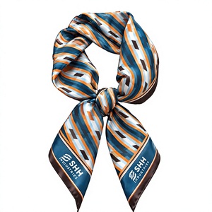 Women’s Geometric Stripe Satin <b>Scarf</b> Teal Orange White <b>Silk</b> Feel Square <b>Neck</b> Wrap Modern Print Custom Logo Fashion Accessory - Product Image 1