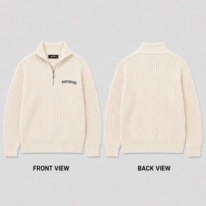 Suéter de punto unisex personalizado estilo vintage con cremallera de un cuarto, suéter unisex de punto gofrado color crema con bordado, jersey holgado de punto estilo urbano - Product Image 3