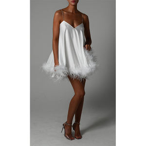 Su misura bianco scollo a V bretelle senza schienale da donna festa in raso di struzzo Mini abito da donna - Product Image 5