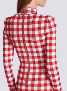 Kadınlar zarif elbiseler kırmızı ekose jakarlı Vintage moda düğme giyim üreticileri ile uzun kollu bandaj Mini elbise giymek - Product Image 4
