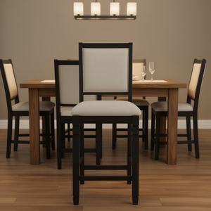 Sedia da Pranzo in Legno Altezza Bancone, Finitura Nera, Rivestimento in Tessuto Testurizzato Beige, Design Moderno e Tradizionale, Arredamento per la Casa - Product Image 2