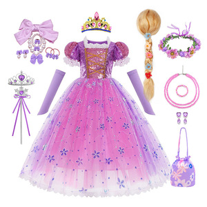 Vestidos <span class=keywords><strong>de</strong></span> Princesa <span class=keywords><strong>de</strong></span> Películas al por Mayor, Vestido <span class=keywords><strong>de</strong></span> <span class=keywords><strong>Rapunzel</strong></span> para Niña, Vestido <span class=keywords><strong>de</strong></span> Princesa Morado con Lentejuelas y Malla - Product Image 1