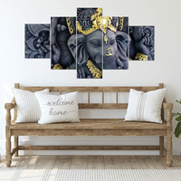 Impressions sur toile tendue personnalisées, Œuvre d'art Inde Dieu Nez d'éléphant, 5 panneaux, Tableau mural Inde, Peinture à l'huile, Peinture Bouddha