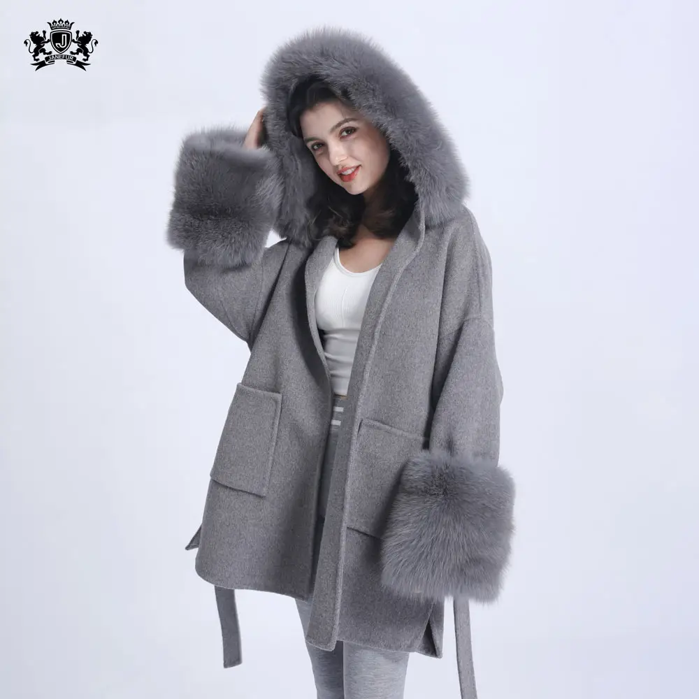 JANEFUR Fashion Winter Cashmere Coat Oversize Style Women Wool Jackets Real Fox Fur Hooded Female Woolen Coat