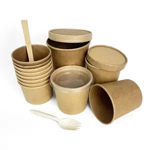 Özelleştirmek biyobozunur kraft kağıt çorba kasesi fincan ile PP kapak ve kağıt kapak paket servisi olan restoran tek kullanımlık sıcak çorba saklama kabı