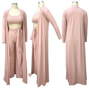 Женский комплект из 3 предметов, трикотажная эластичная одежда с длинным рукавом, накидка на пончо, длинные брюки с широкими штанинами и майка-майка - Product Image 6