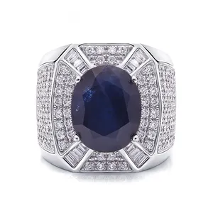 Luxury 18k Gold Ring Lab Gemstone Stone Oval Cut Dark Blue Sapphire Ring Full Paved Diamond Ring Engagement Design for Men