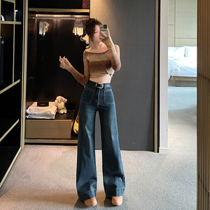 Nouveau <span class=keywords><strong>Jean</strong></span> Décontracté Vintage en Denim <span class=keywords><strong>Bleu</strong></span> pour Femme, Coupe Ample Amincissante, Taille Haute, Droit, Design Drapé, Effet Délavé - Product Image 4