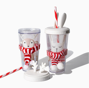 Bouteille d'eau de Noël 14 oz avec paille double paroi et décoration au col – Idéale comme cadeau - Product Image 2