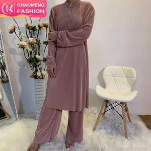 6331# High Quality New Pleated Set Style Muslim Solid Color Two-pieces Top+Pants Malaysia Singapore Turkey Women's Clothing