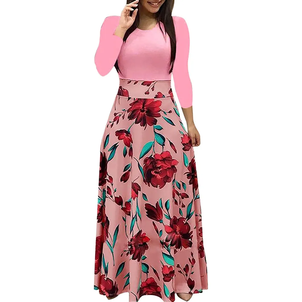 Toptan elastik Polyester İspanya Vestido De Flores baskı Elasticcasual artı boyutu Maxi kadın çiçekli elbiseler