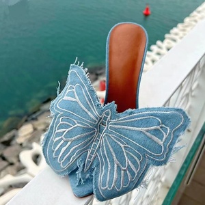 Big Women Blue Denim Sandals Dress Stiletto Party <b>Shoes</b> Thin High Heels Embroidered Mules Jeans Slides - Product Image 1