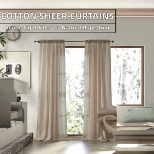 Cortinas Rústicas Aislantes de Algodón Texturizado, Translúcidas, Suaves, que Filtran la Luz, con Bolsillo para Barra, de Crepé, con Cuerda Natural para Sala de Estar - Product Image 2