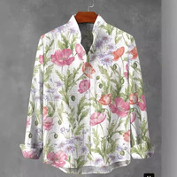 Kemeja Pria Kerah Tegak Lengan Panjang, Motif Kotak-kotak Bunga Jamur Cetak 3D Gaya Asia Tenggara Kemeja Fashion Pria