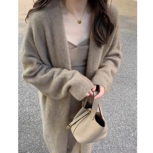 [Brand] Knitted Cardigan Mid Length Gray Simple Elegant Autumn Coat Women's Sweater Loose Fit Warm Solid Color - Product Image 1