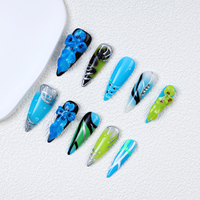 Échantillons Gratuits 10 pièces/boîte Nouveau Design Faux Ongles Longs en Acrylique Bleu Fleur Faits Main Couverture Complète à Presser pour Doigts Cadeau de Fête
