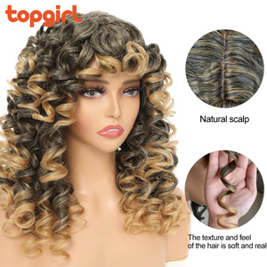 18 pouces femme <span class=keywords><strong>Afro</strong></span> rouge brun gingembre <span class=keywords><strong>perruque</strong></span> naturelle sans colle <span class=keywords><strong>perruque</strong></span> longue bouclée avec frange cheveux synthétiques bouclés perruques Cosplay pour les femmes - Product Image 4