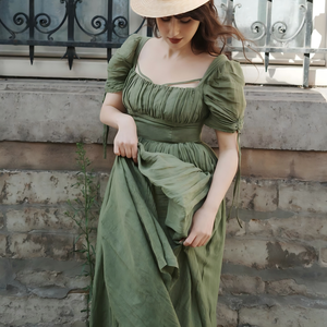 Custom Olive <strong>Green</strong> Chiffon Puff Sleeve <strong>Pleated</strong> Maxi Dress for Women Vintage Square Neck Summer Party Dress <strong>Skirt</strong> - Product Image 2