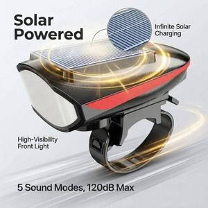 Lumière de <span class=keywords><strong>vélo</strong></span> solaire ABS, <span class=keywords><strong>klaxon</strong></span> 120 dB, phare de <span class=keywords><strong>vélo</strong></span> LED rechargeable, étanche IPX4, haute visibilité, sécurité pour la conduite nocturne - Product Image 1