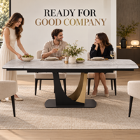 Table à manger moderne extensible en céramique 180-260 cm avec plateau en verre trempé et base en bronze noir pour salle à manger