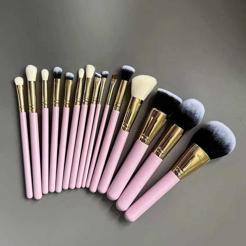 2024 nuovo stile 15 pz rosa rosa oro manico in legno sintetico per capelli di lusso pennelli trucco vegano con marchio privato cieco